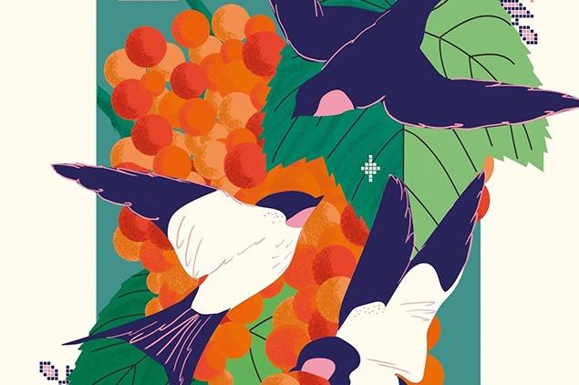 A portion of the cover of Laura Nicolae's novel Rue Escalei, featuring three birds in flight and orange vegetation. 